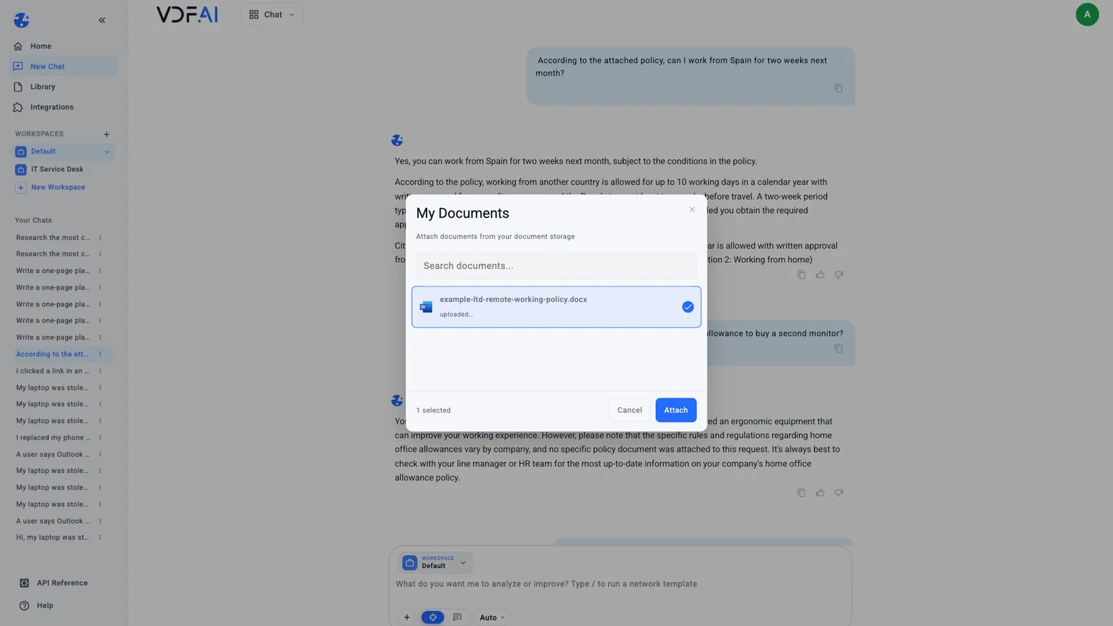 The My Documents picker with the uploaded policy selected