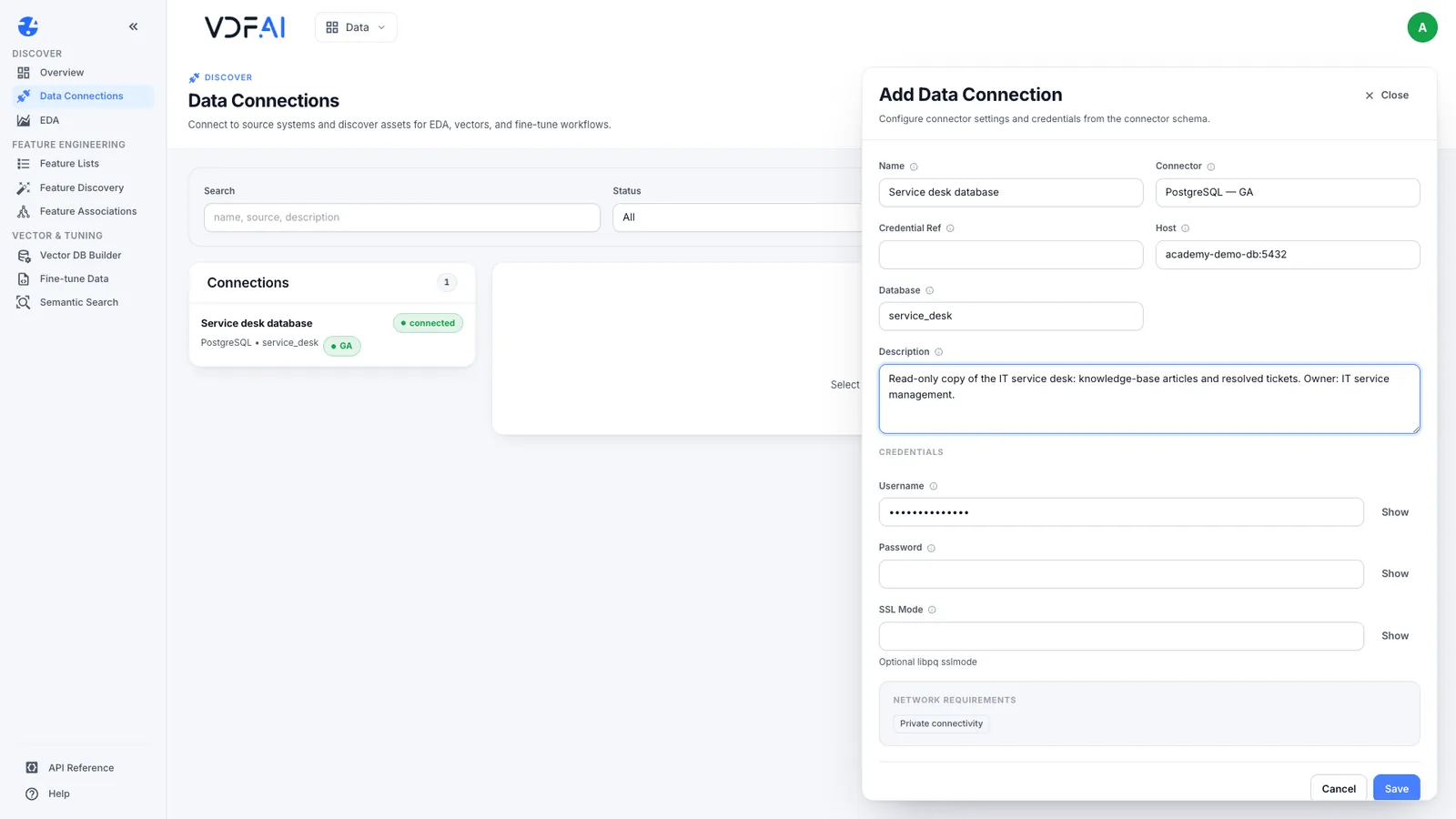 The Add Data Connection form for a PostgreSQL source