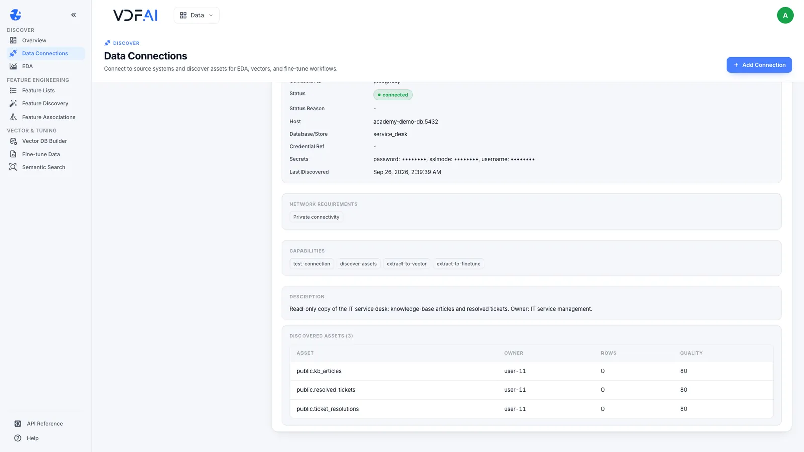 Discovered assets listing the three tables