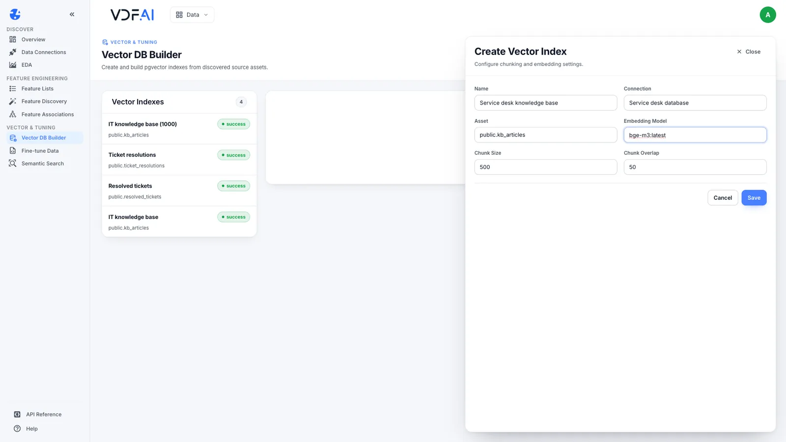 Creating the vector index with connection, asset, embedding model and chunking