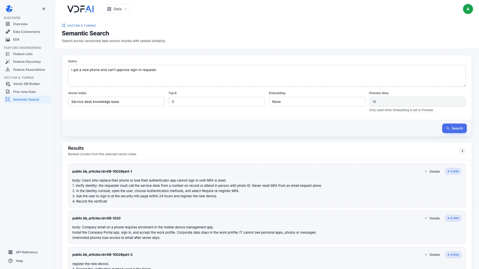 Semantic search results with source IDs and similarity scores
