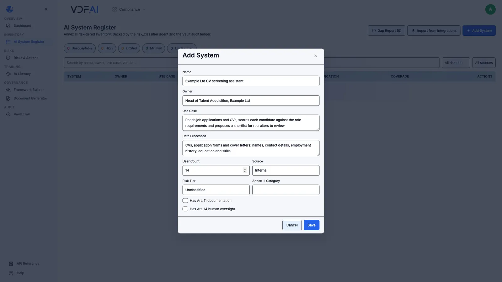 The Add System form filled in for the CV screening assistant