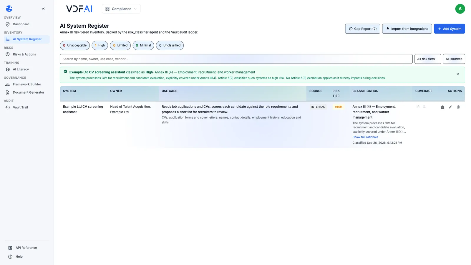 The CV screening assistant classified as high-risk under Annex III point 4, with its rationale