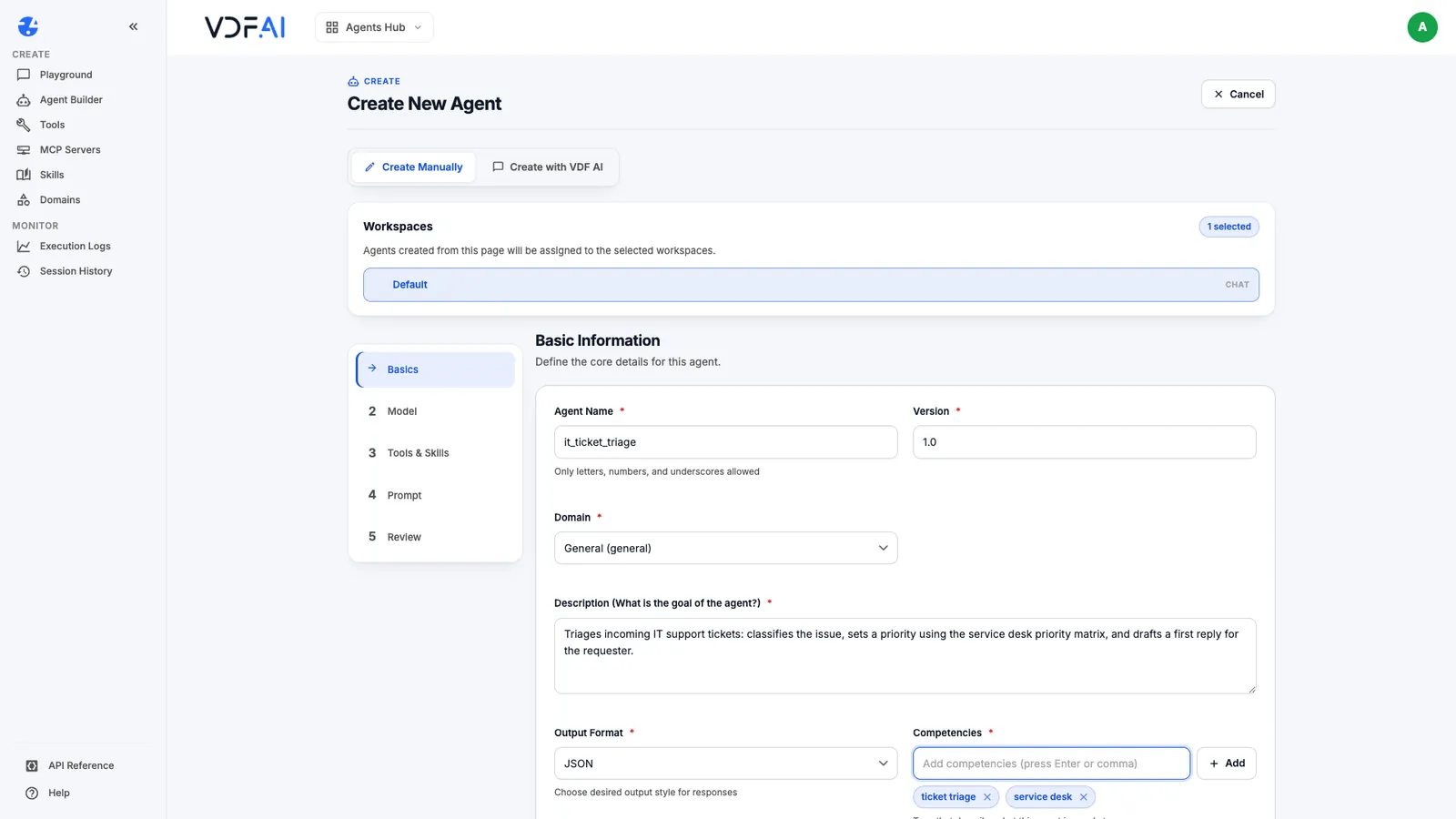 The Basics step of the VDF AI Agent Builder with name, domain, description, output format and competencies
