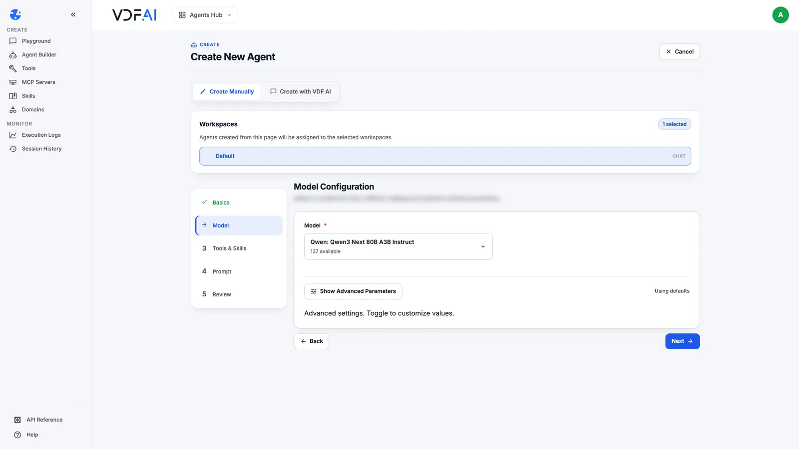 Choosing a model for the agent in the Model step