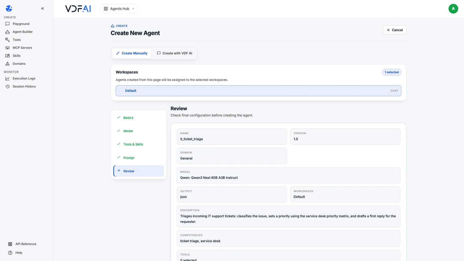 The Review step summarising the agent before creation