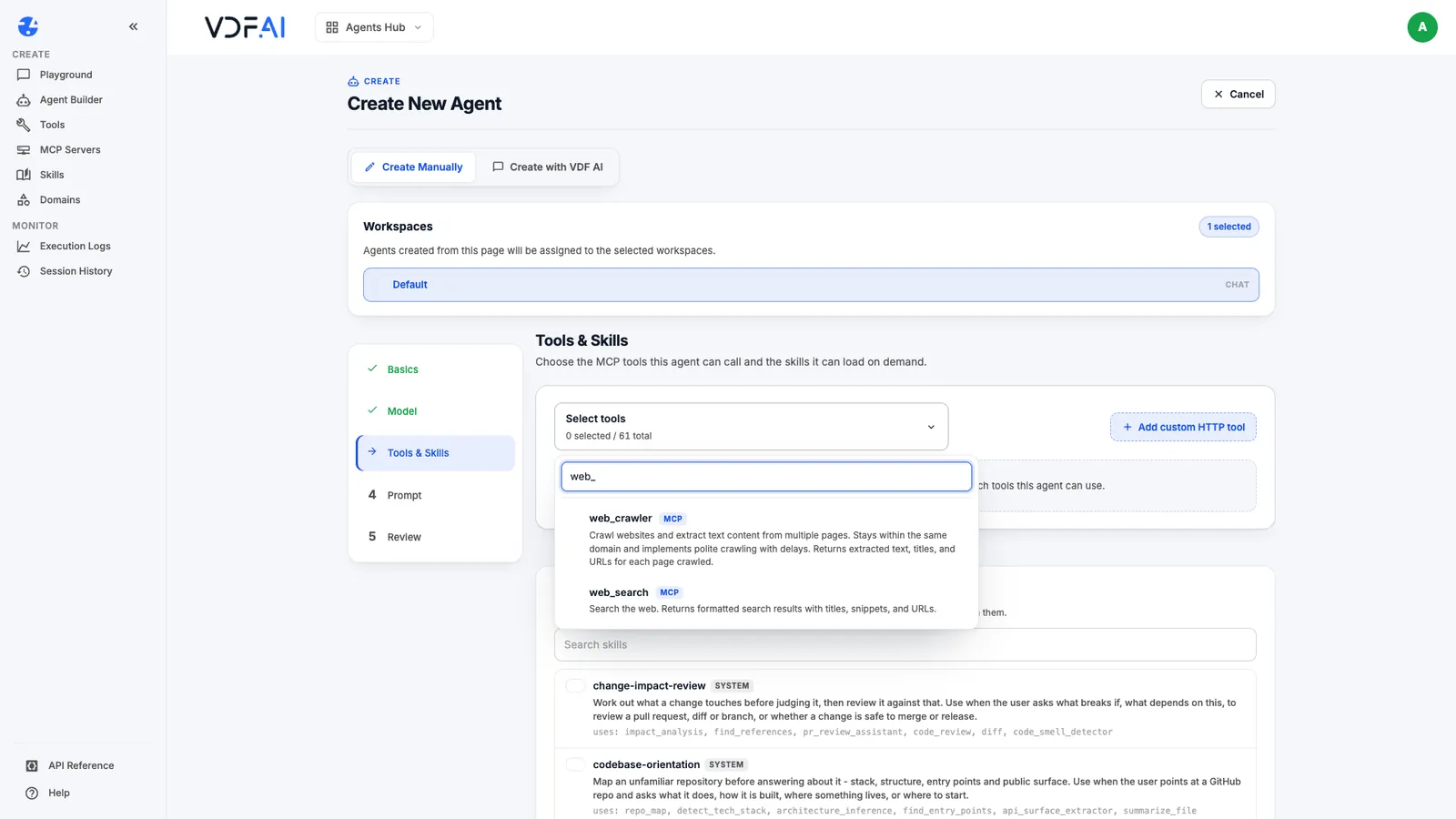 Searching the MCP tool list in the Agent Builder