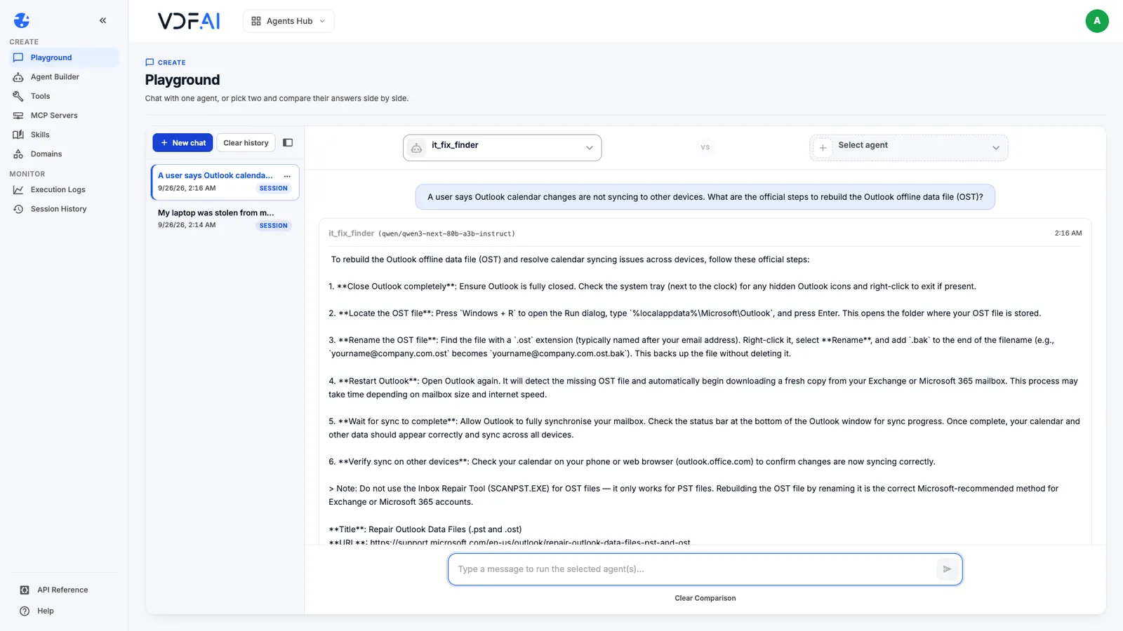 The fix-finder agent's answer with numbered steps and a cited Microsoft Support page
