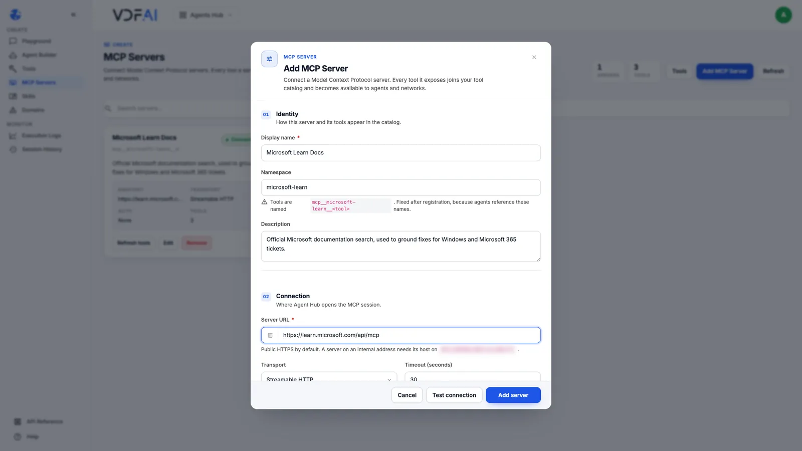 The Add MCP Server form: identity, connection and authentication