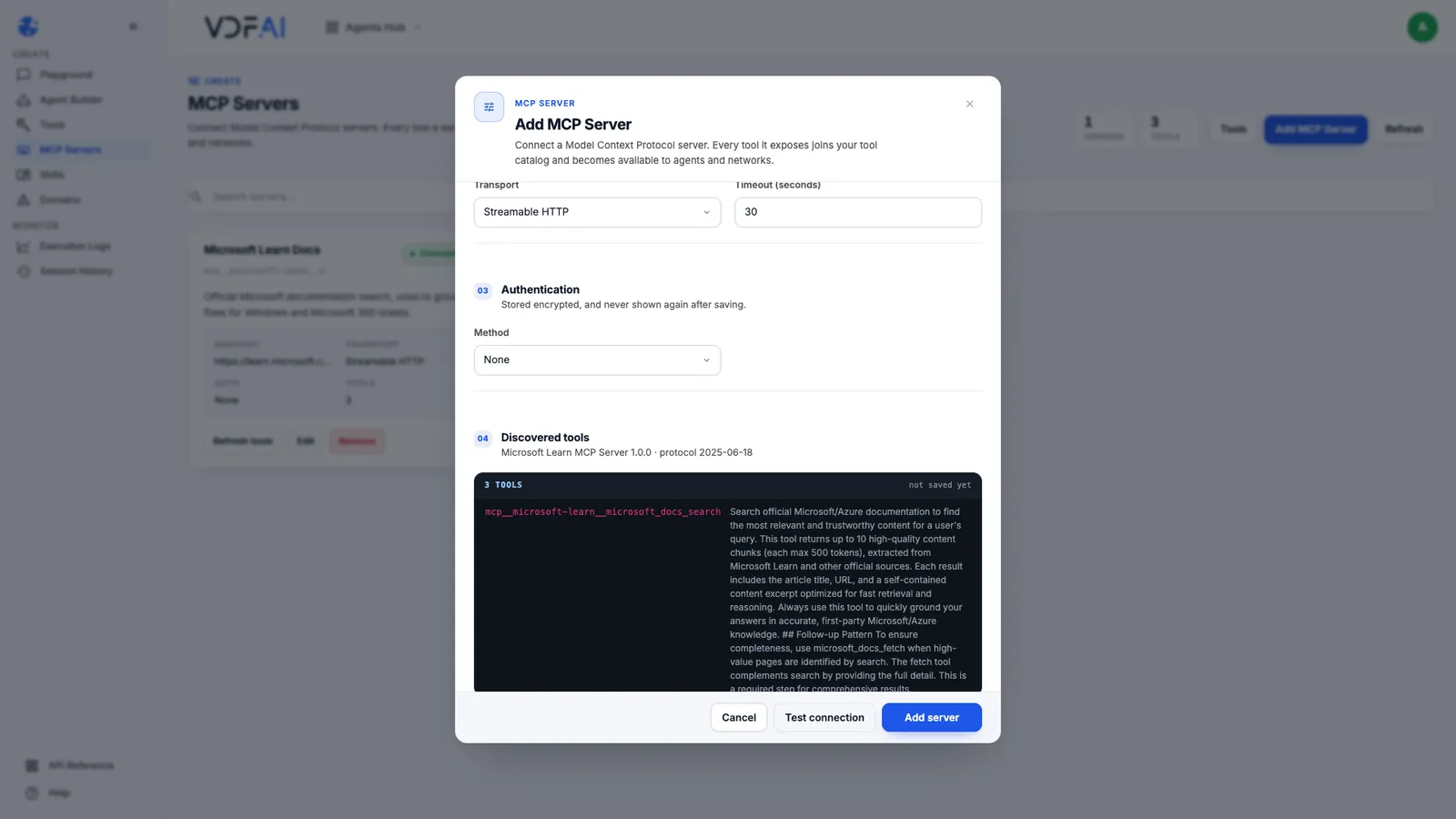 Discovered tools listed after testing the connection