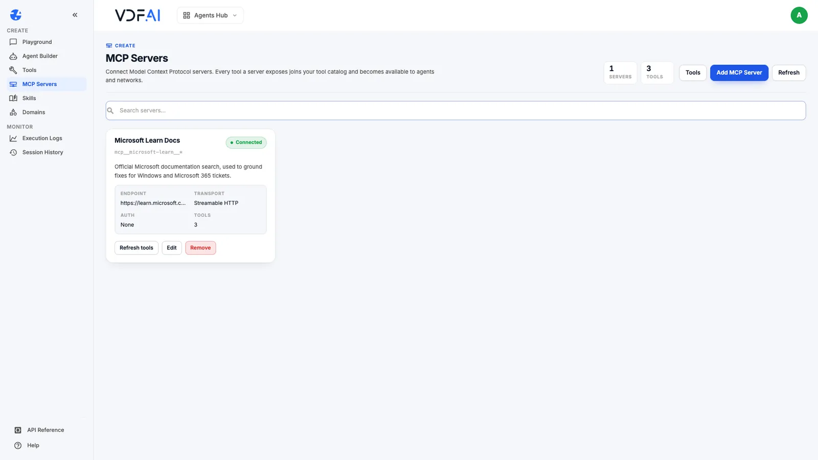 The registered server shown as connected with its tool prefix