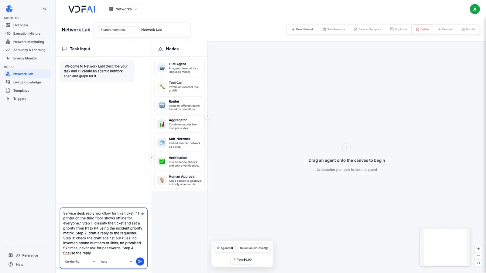 Describing the workflow in Network Lab with the agent selection set to On-the-fly