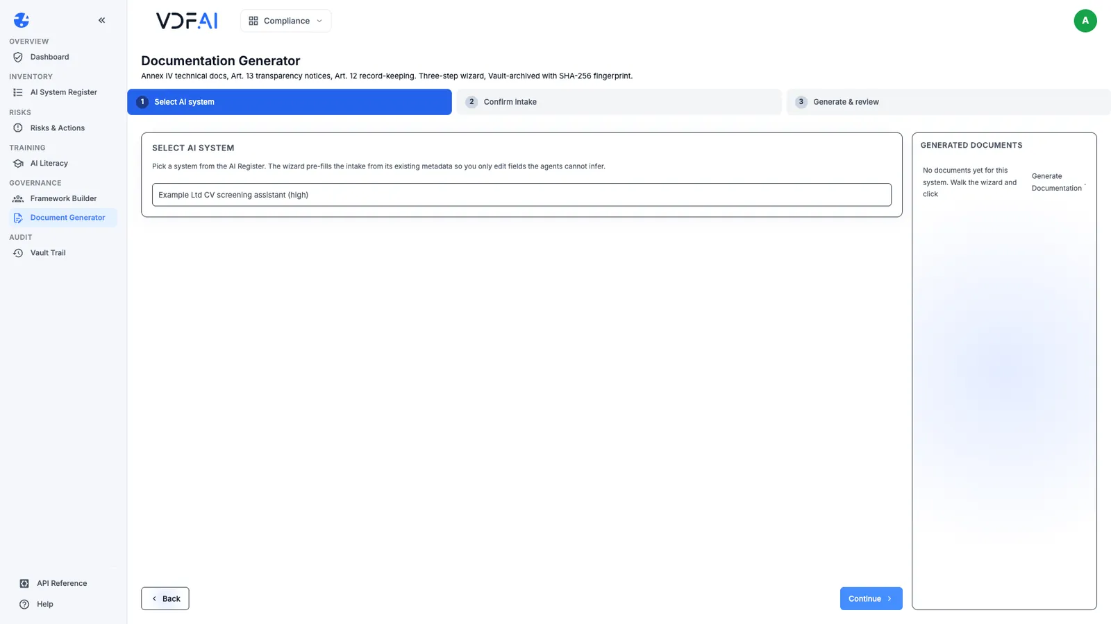 The Document Generator's first step with the CV screening assistant selected