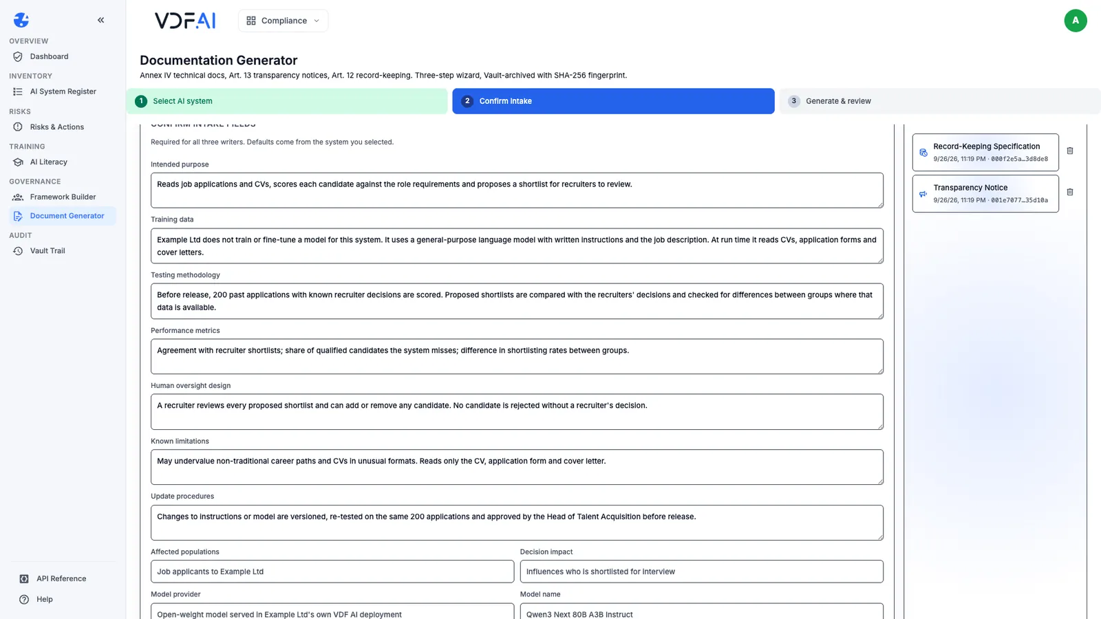 The intake fields completed for the CV screening assistant