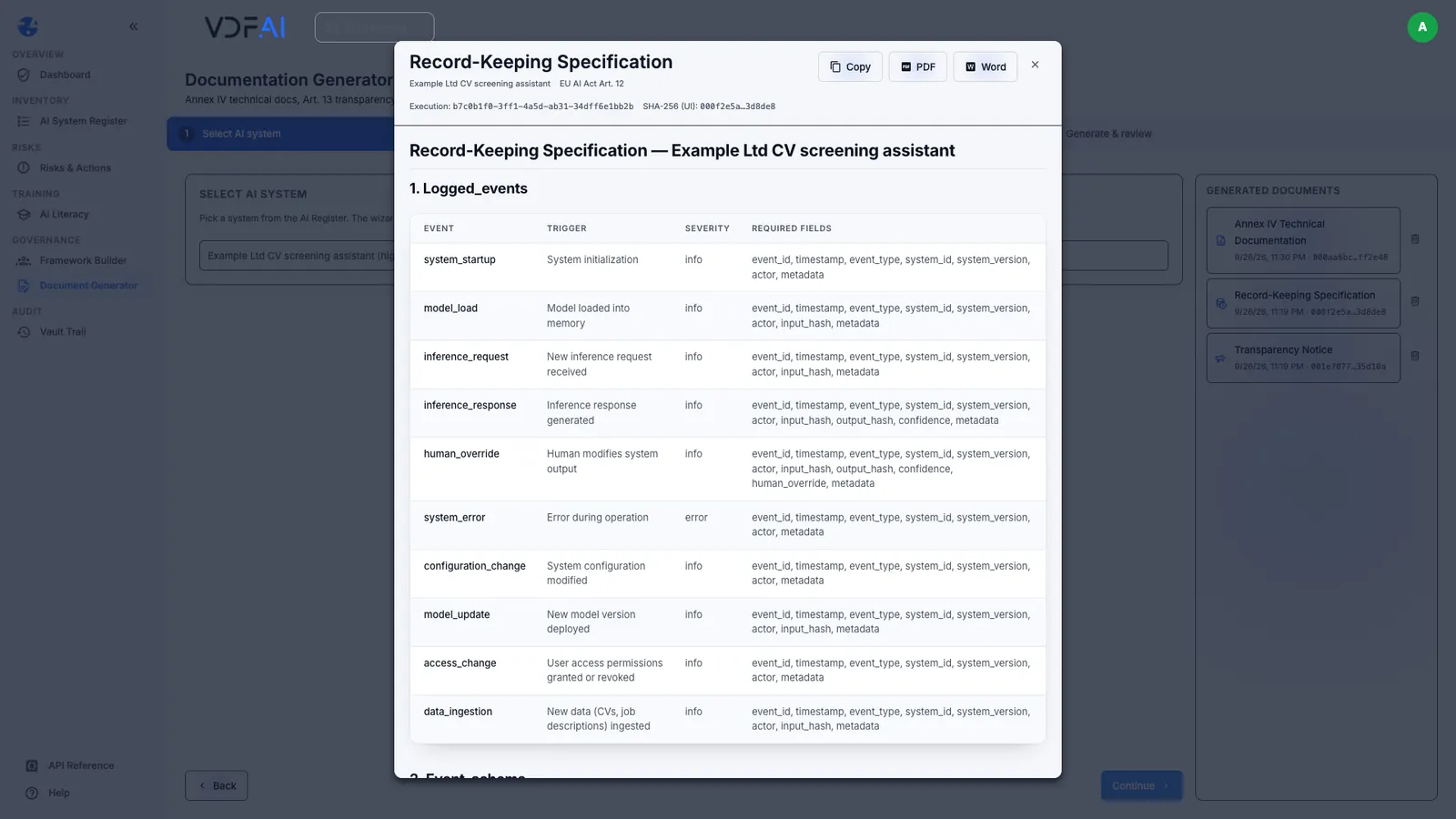 The record-keeping specification's event list and schema