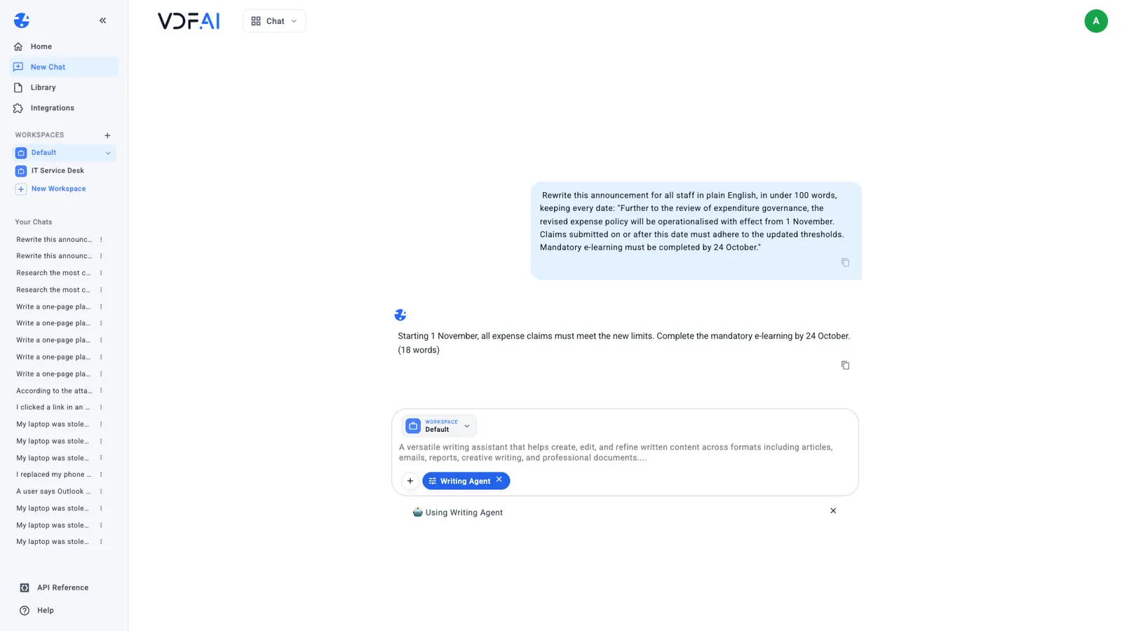 Manual mode with Writing Agent selected, and its 18-word rewrite of a formal announcement