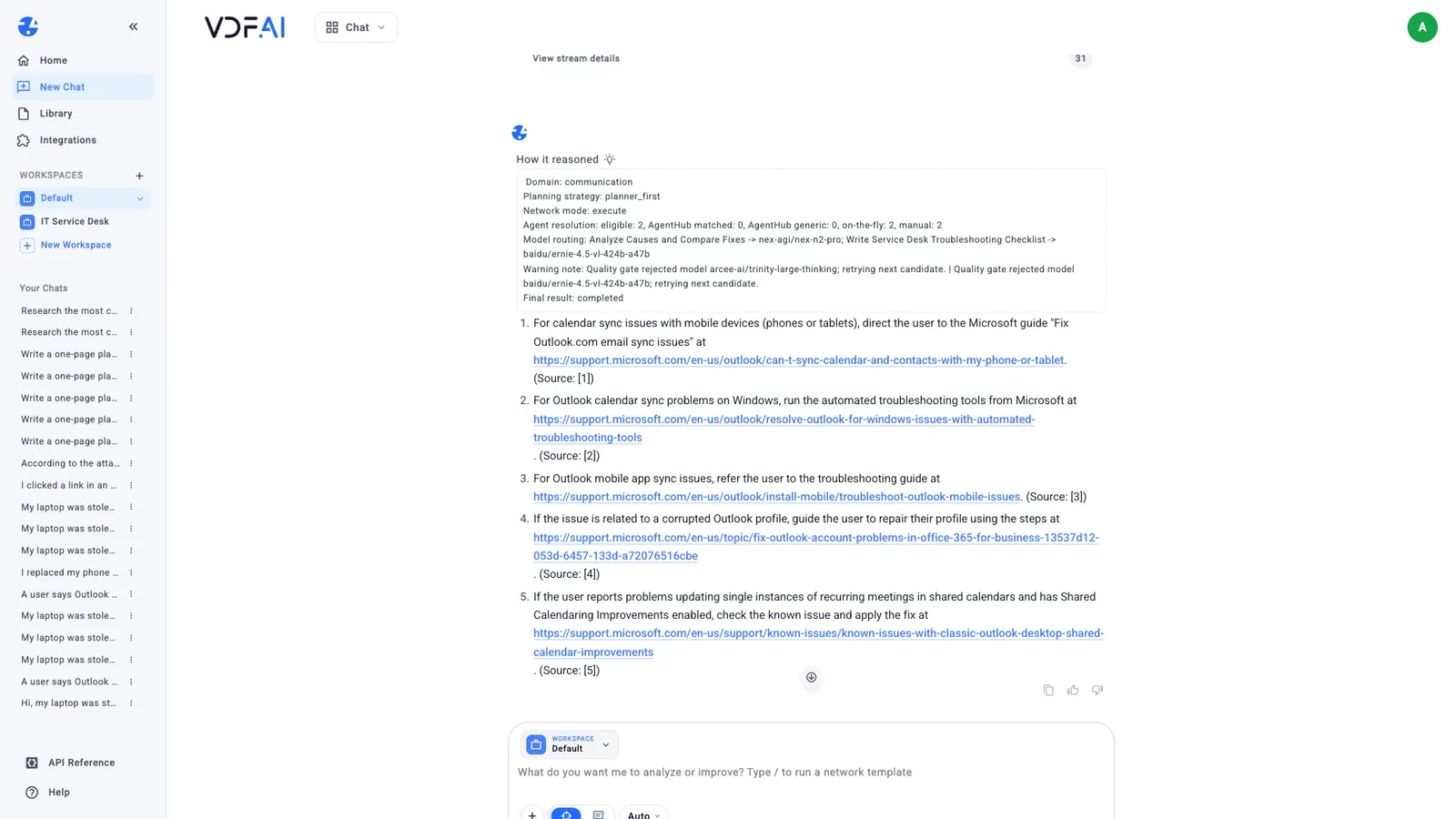 How it reasoned above the Quick answer, with five source links to Microsoft Support