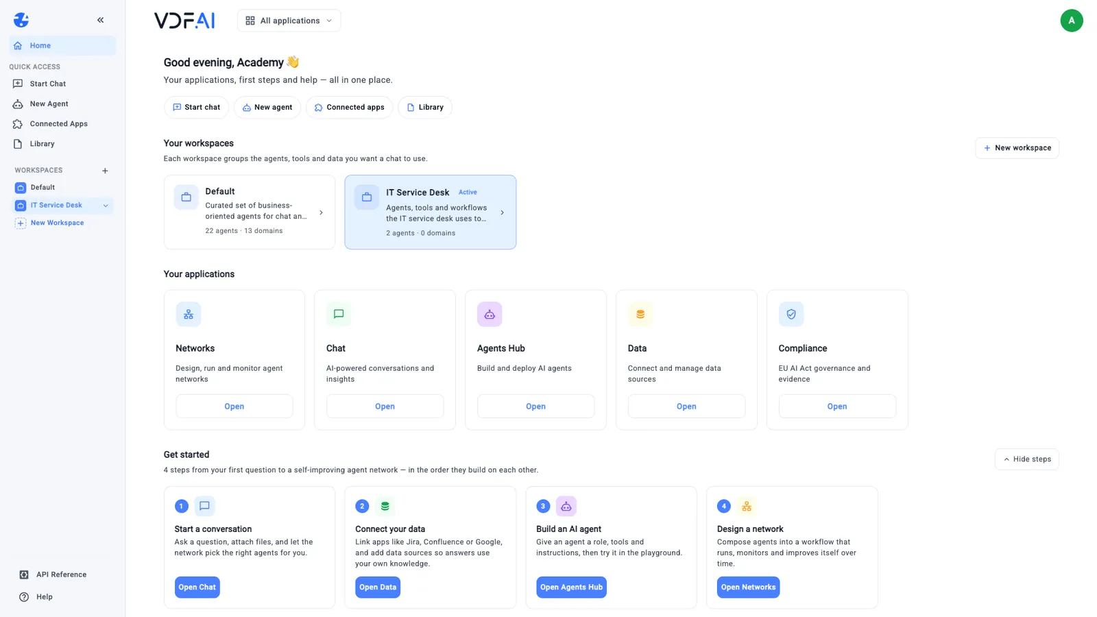 The VDF AI Home page with quick actions, workspaces, applications and the Get started steps