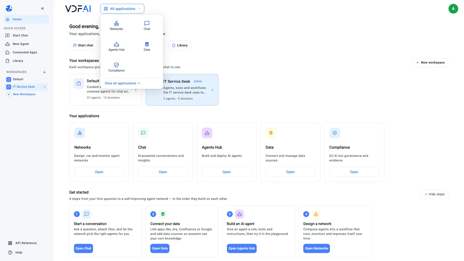 The All applications menu listing Networks, Chat, Agents Hub, Data and Compliance