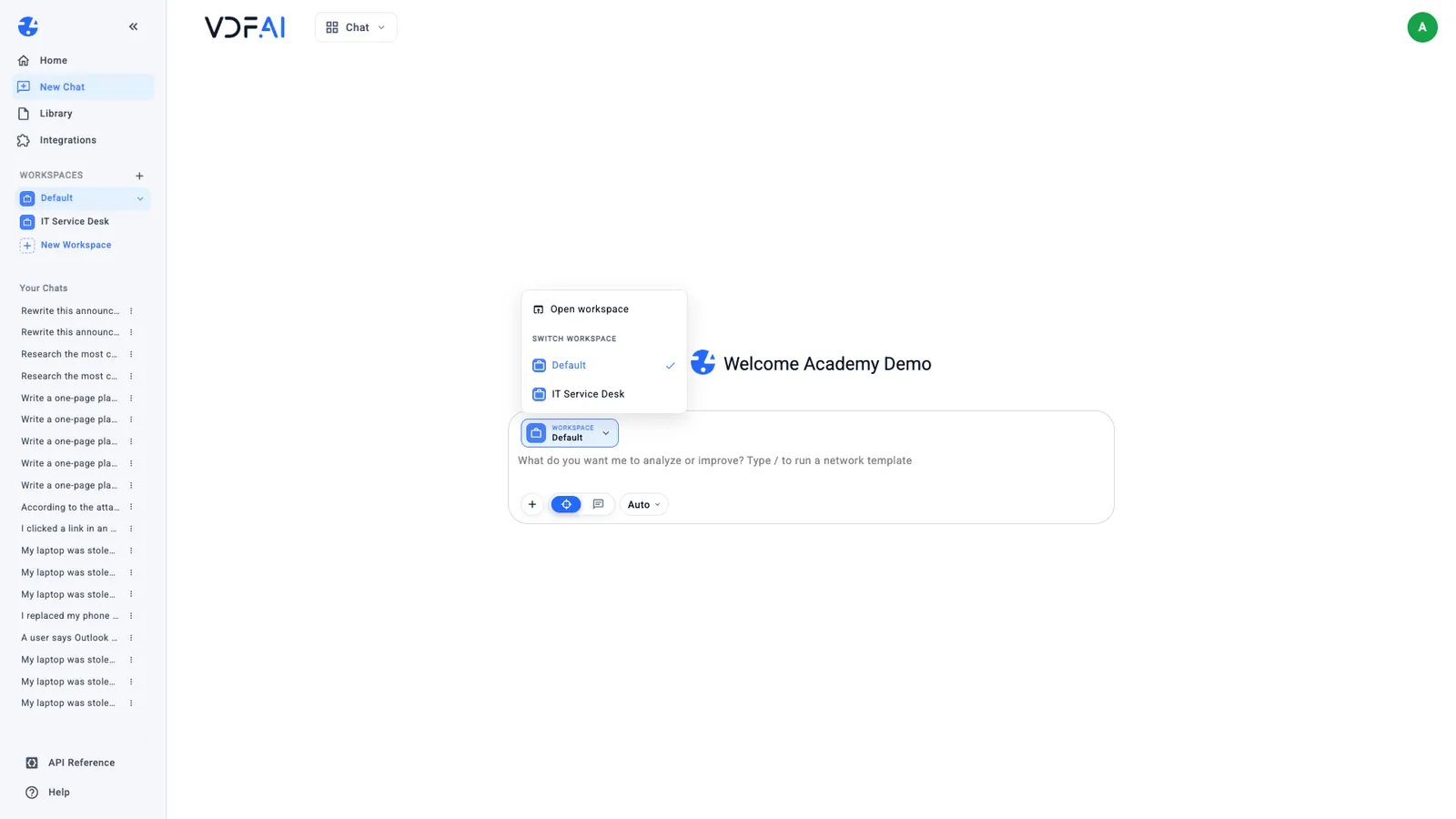 The workspace switcher above the chat box, with Default selected and IT Service Desk listed