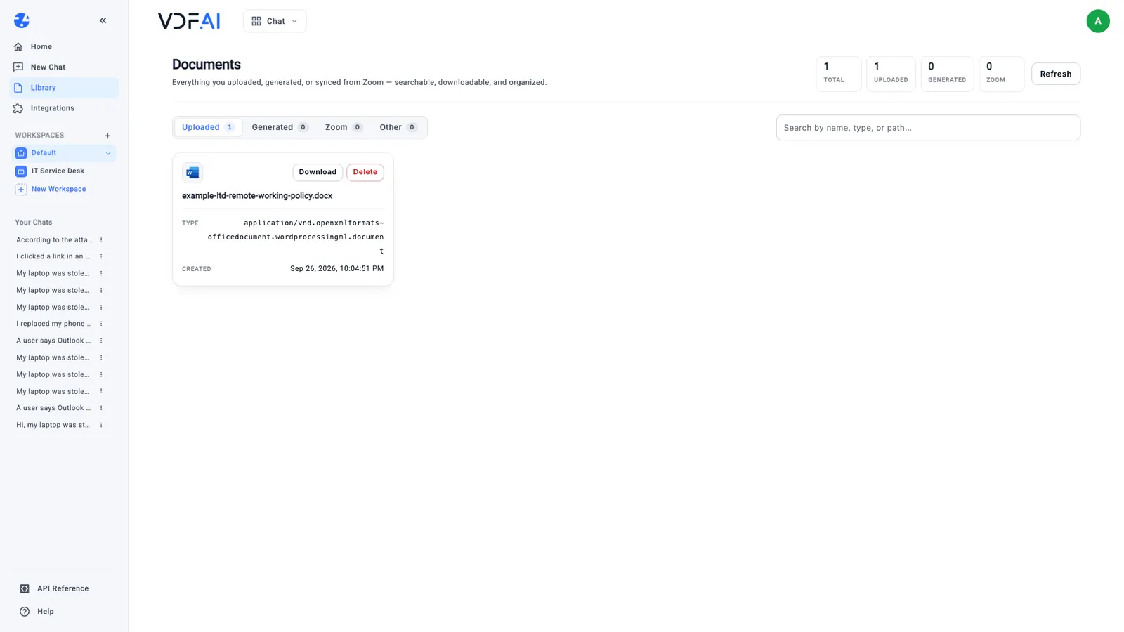 The Library with one uploaded policy document and its type and date
