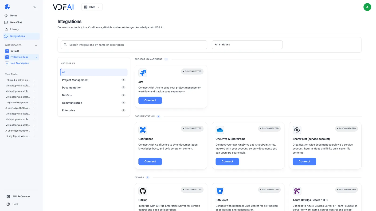 The Integrations page with Jira, Confluence, OneDrive and SharePoint, GitHub, Bitbucket and Azure DevOps