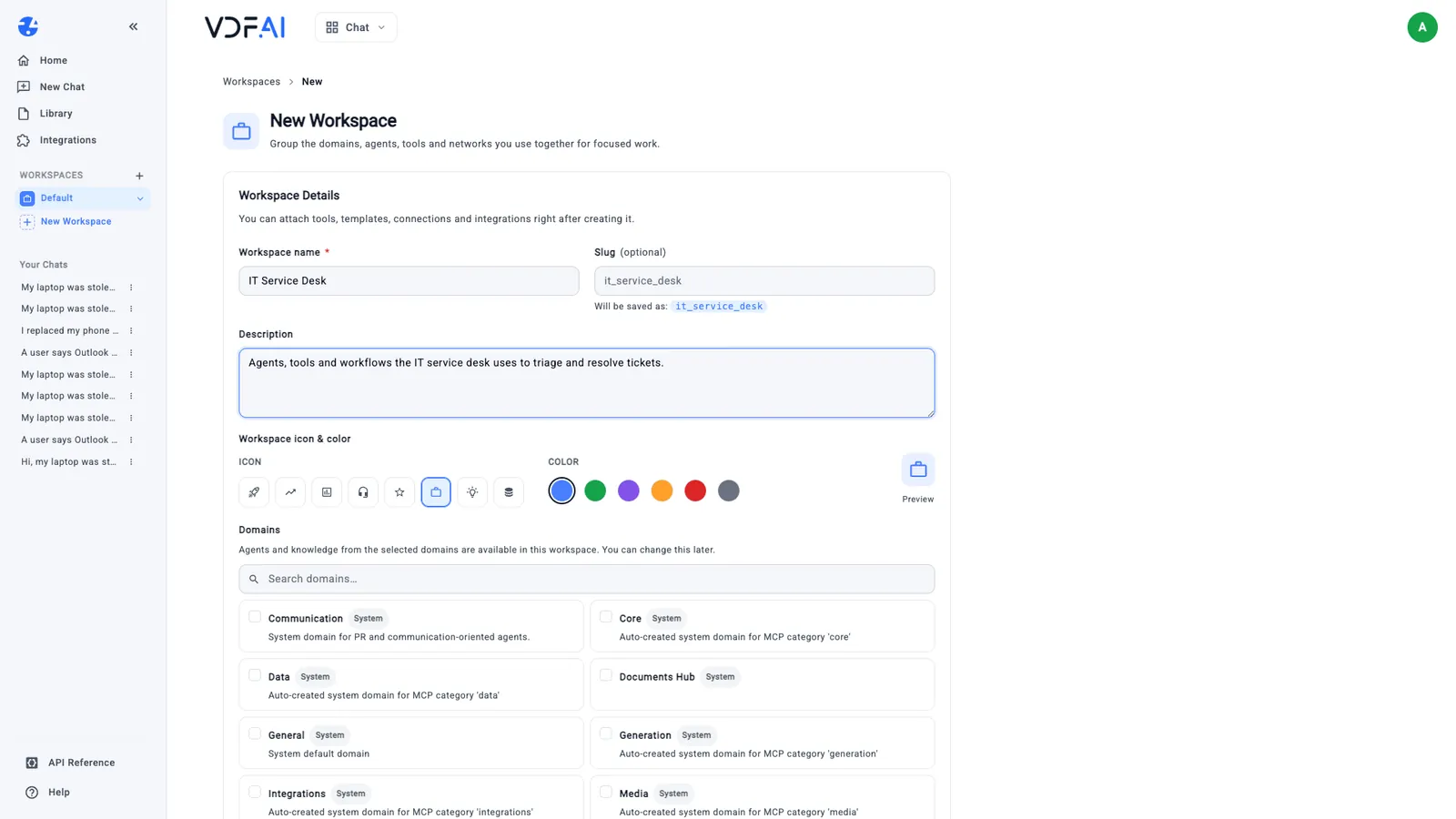 Creating the IT Service Desk workspace with a name, description, icon and colour