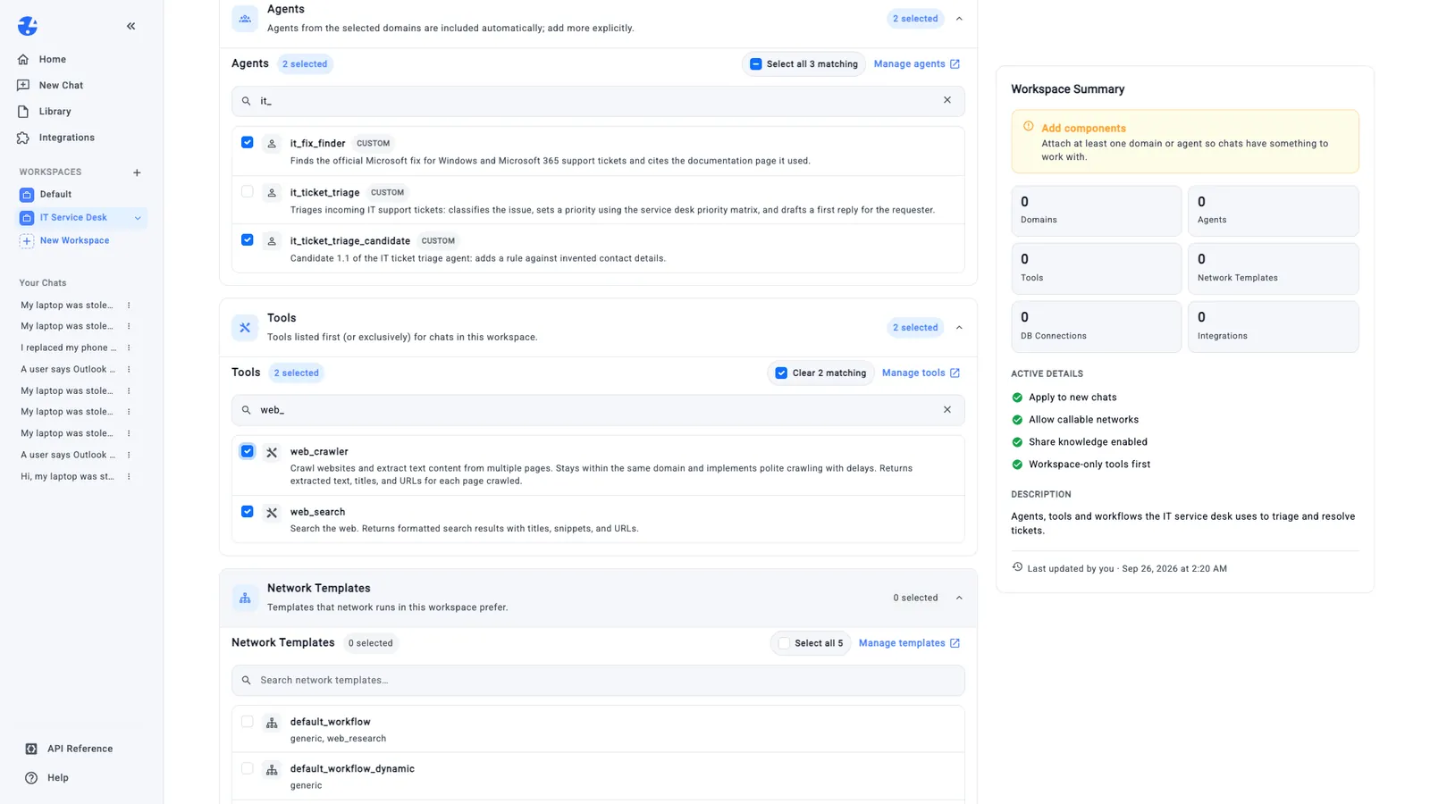 The Components tab with the two tested agents and two web tools selected