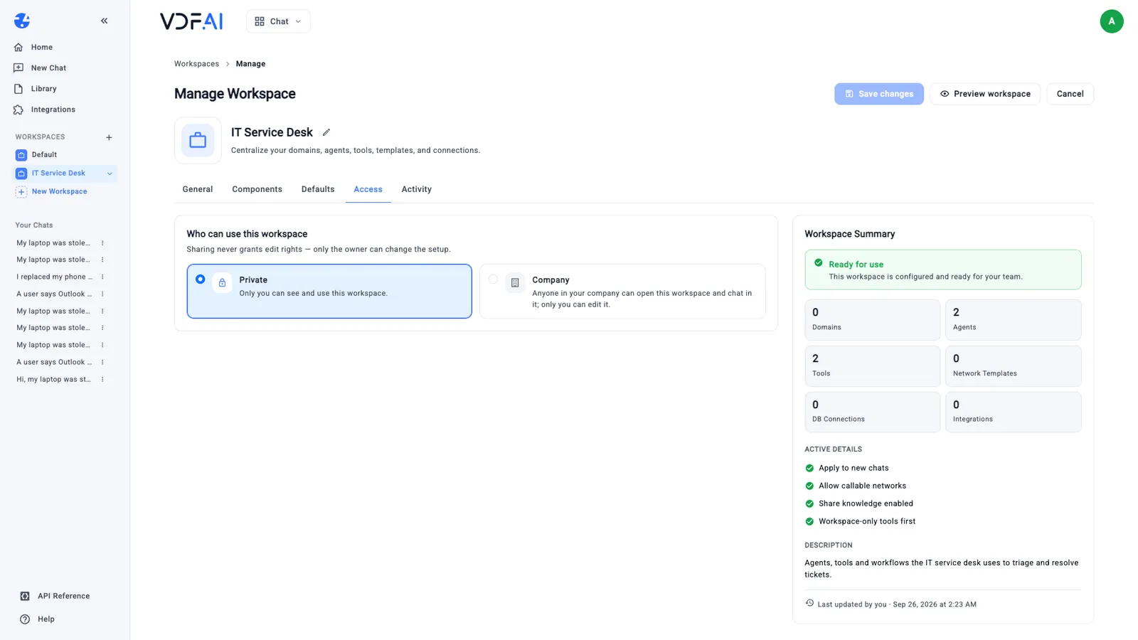 The Access tab with the Private and Company options