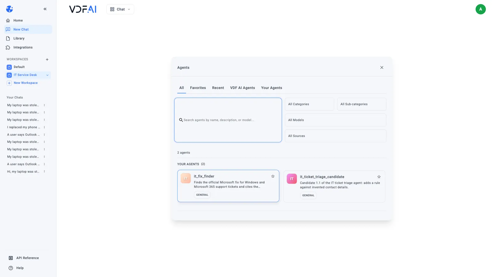 The agent picker in the IT Service Desk workspace listing only the two approved agents