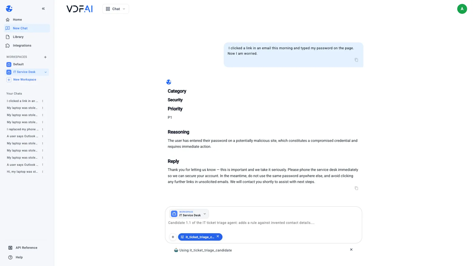 The version 1.1 triage agent answering in the team workspace