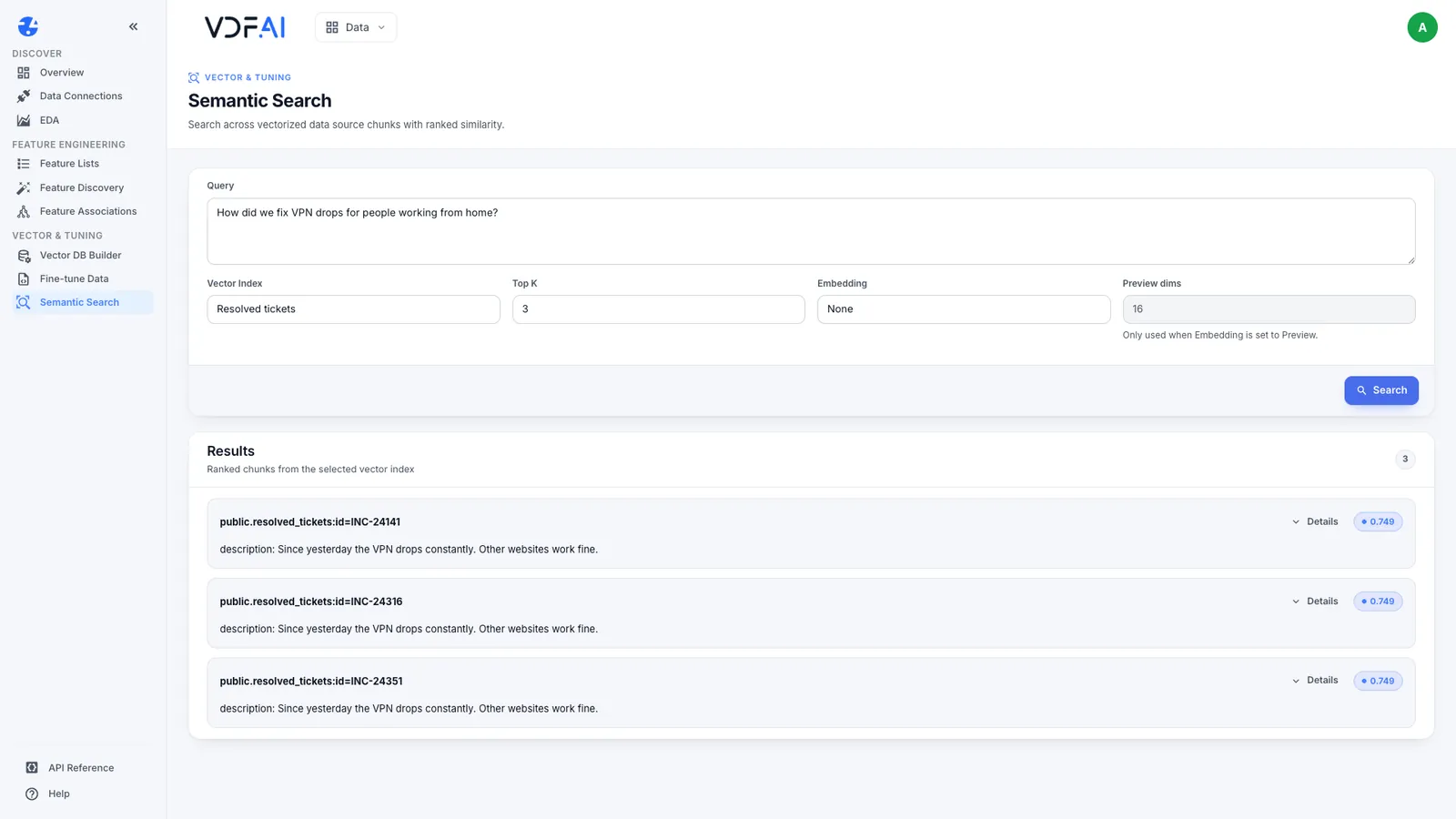 Semantic search on the raw ticket table returning three identical descriptions
