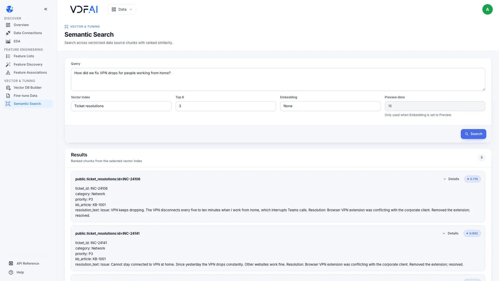 Semantic search on the retrieval table returning issues with their fixes