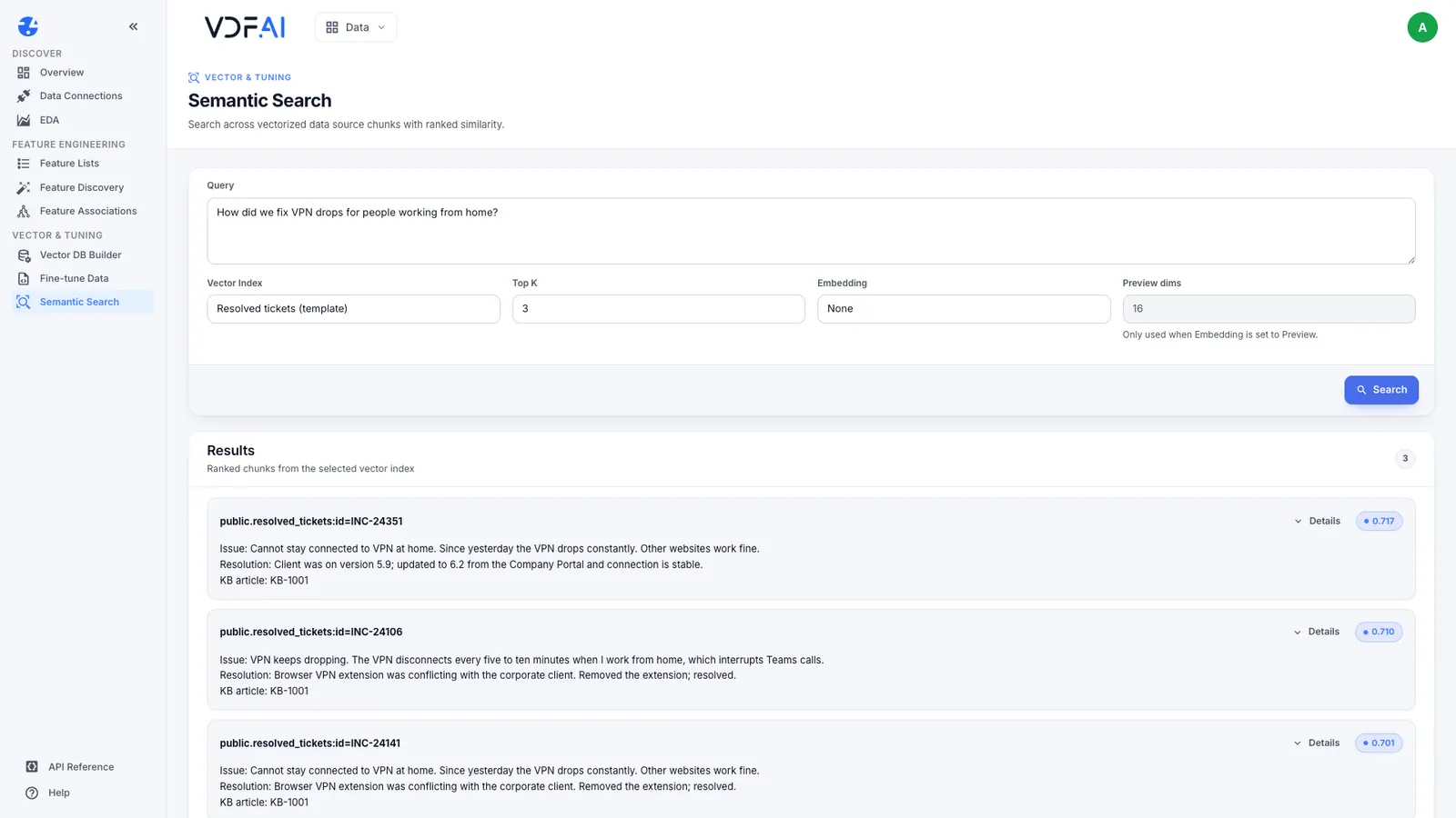 Semantic search on the templated index with issue, resolution and KB article in each result