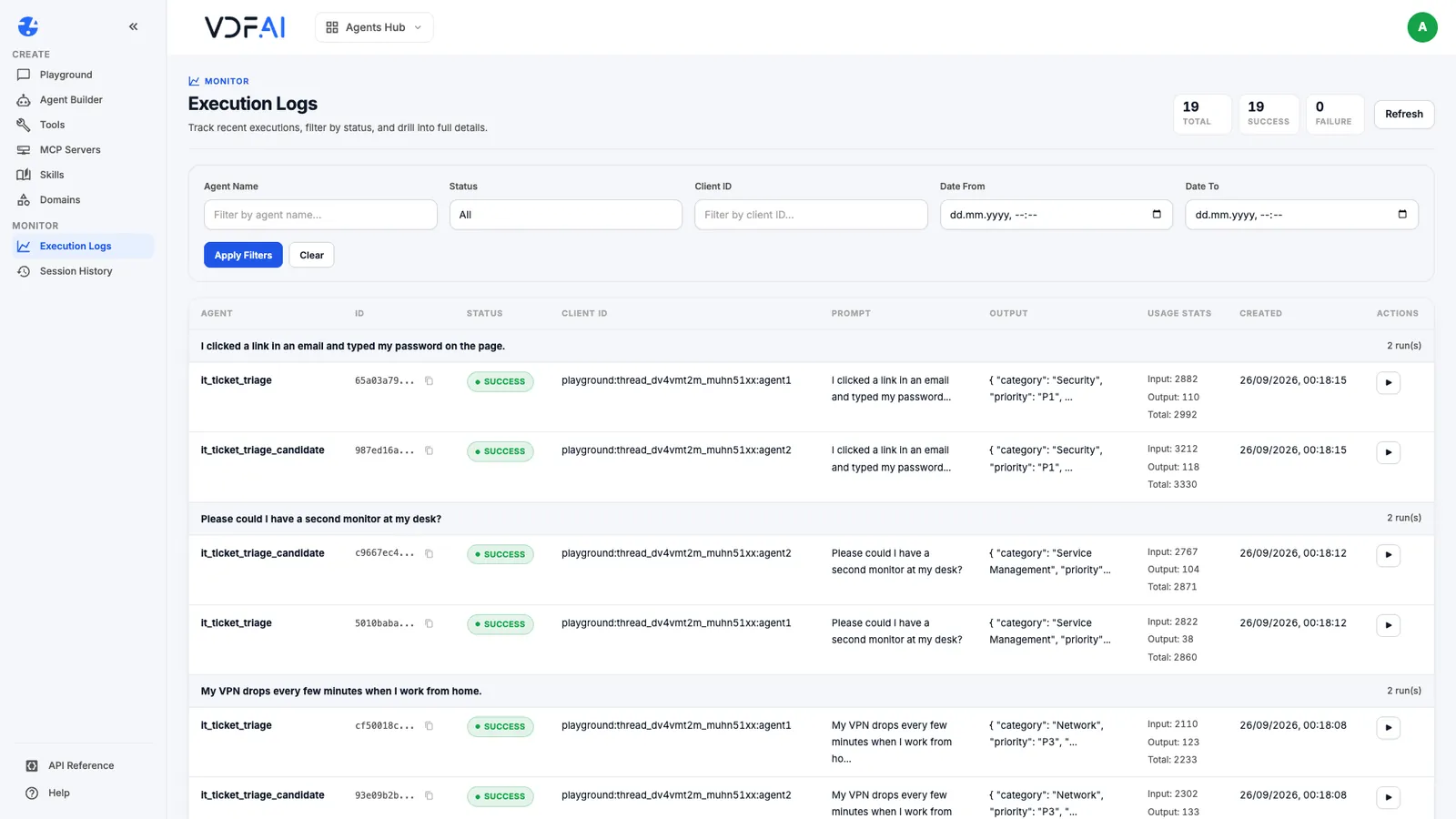 Execution Logs listing runs of both agent versions