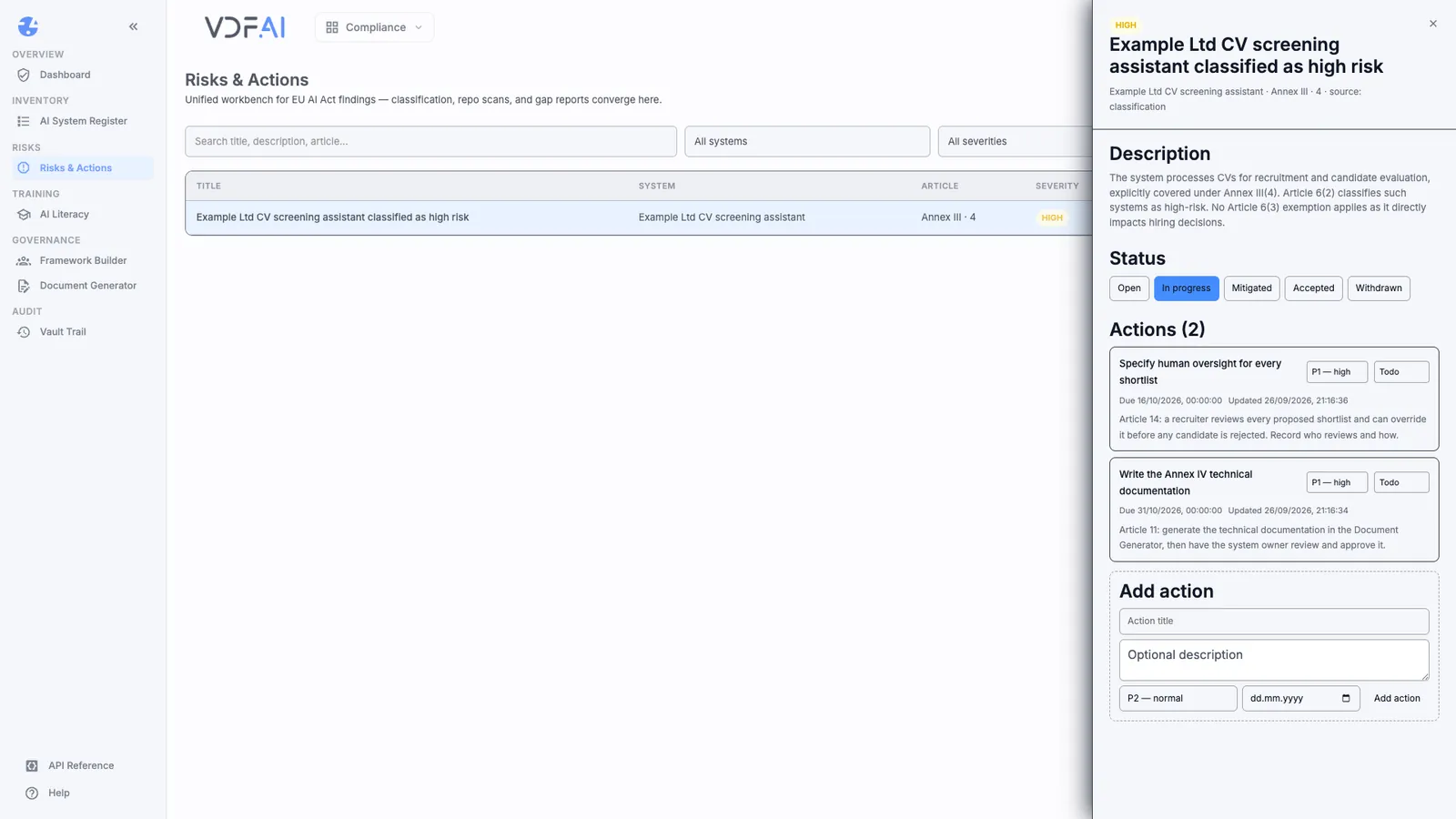 The finding in progress, with two dated actions for documentation and human oversight