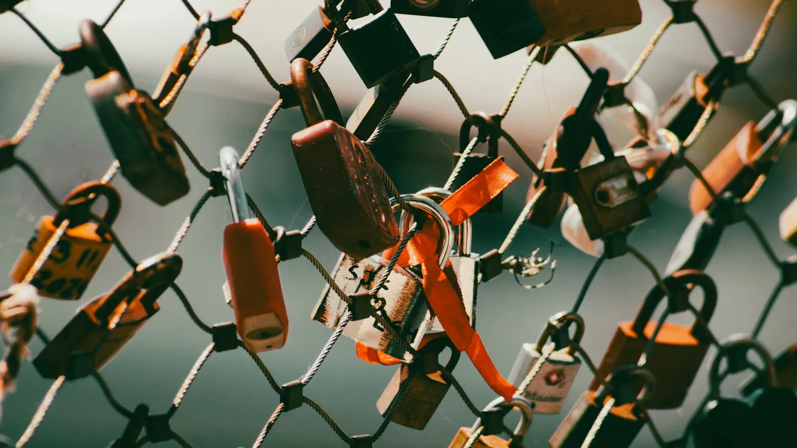 Assorted padlocks fastened to a metal mesh fence, representing scoped credentials and access boundaries for autonomous AI agents in enterprise environments