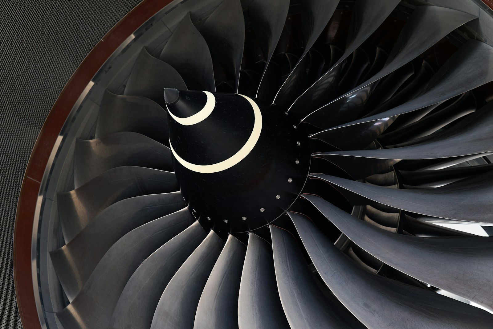 Close-up of a turbofan engine's curved grey fan blades around a black spinner marked with a white spiral