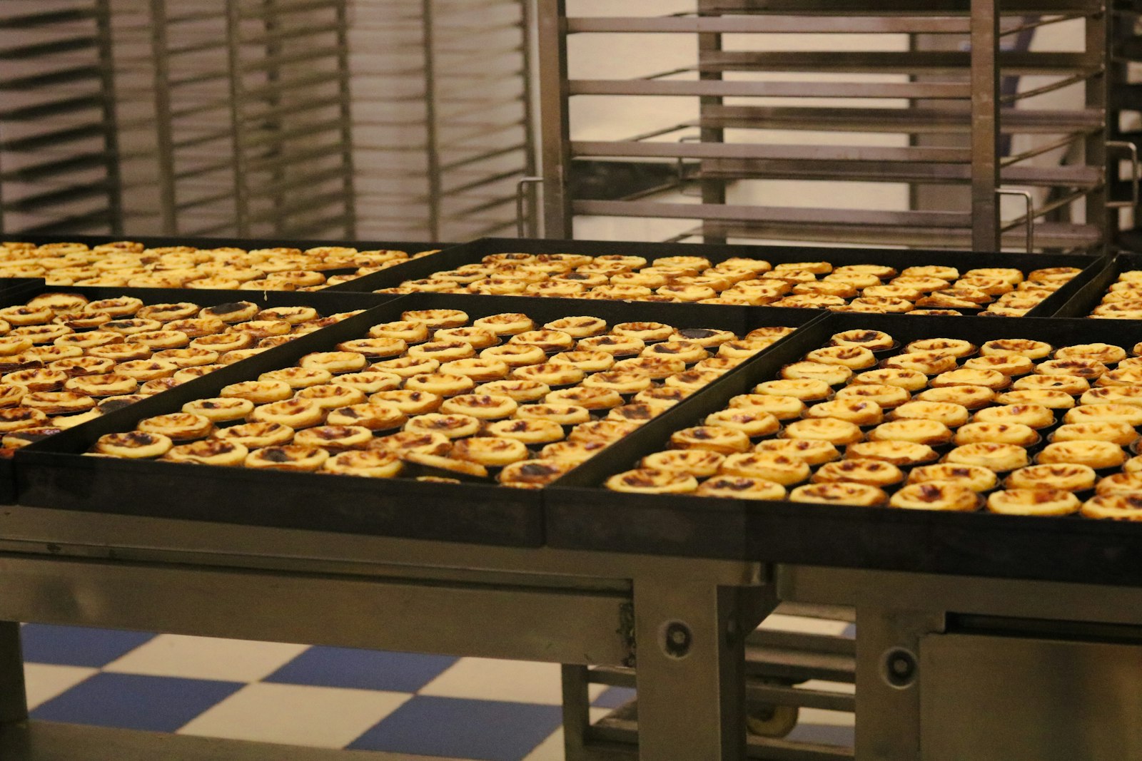 Black trays filled with rows of freshly baked custard tarts on stainless steel tables in a commercial bakery, with empty metal baking racks behind them
