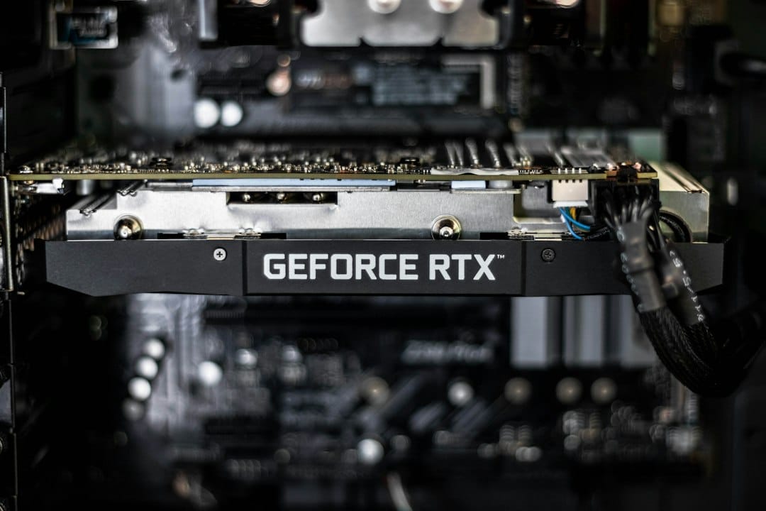 A GeForce RTX graphics card mounted in a desktop PC, the single-card setup many teams use to run open-weight language models on their own hardware