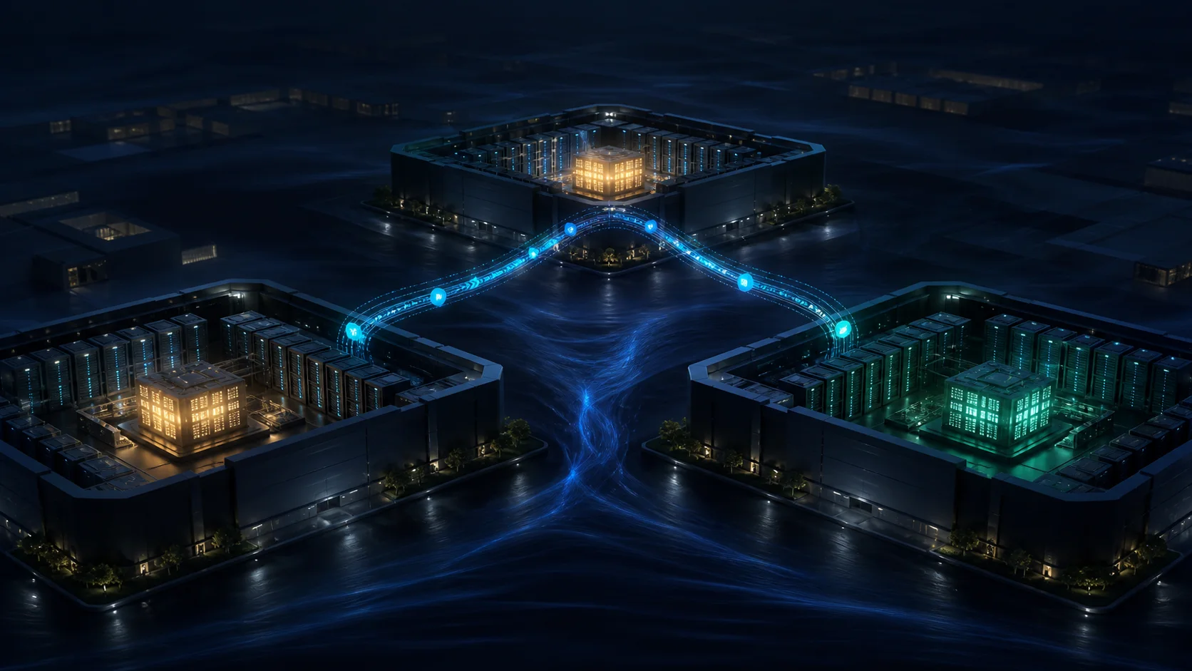 Three sovereign enterprise data centers with local data cores connected by controlled AI orchestration paths