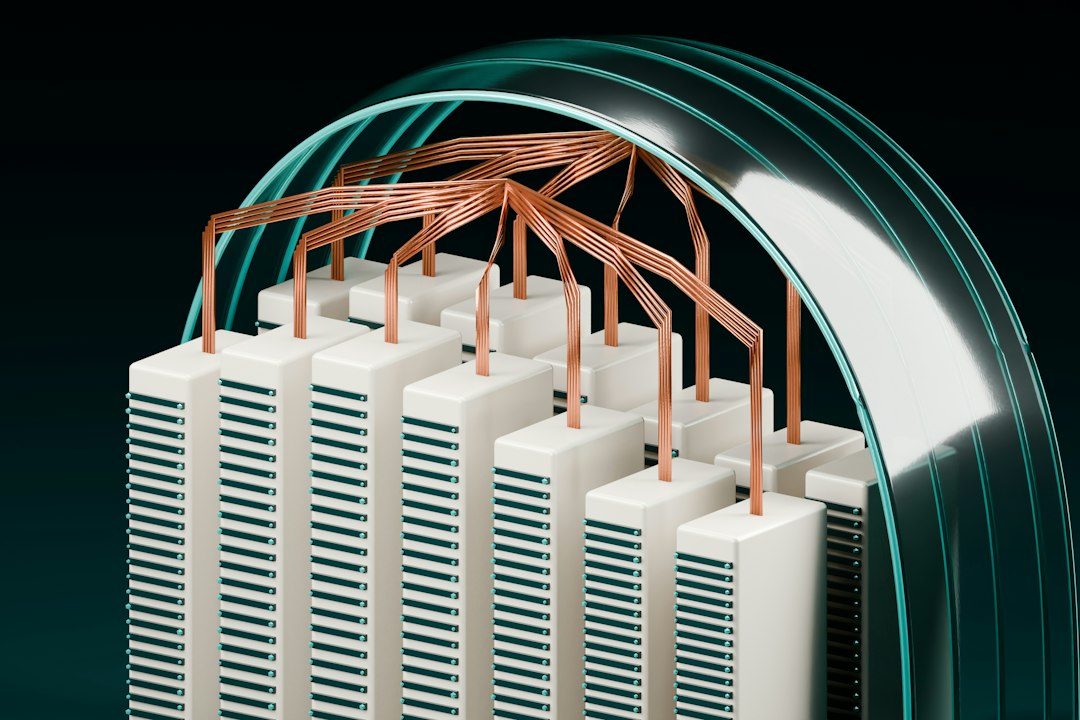 Abstract rendering of white server towers joined by copper wiring under a curved glass arch, suggesting the multi-GPU servers that large open-weight models need