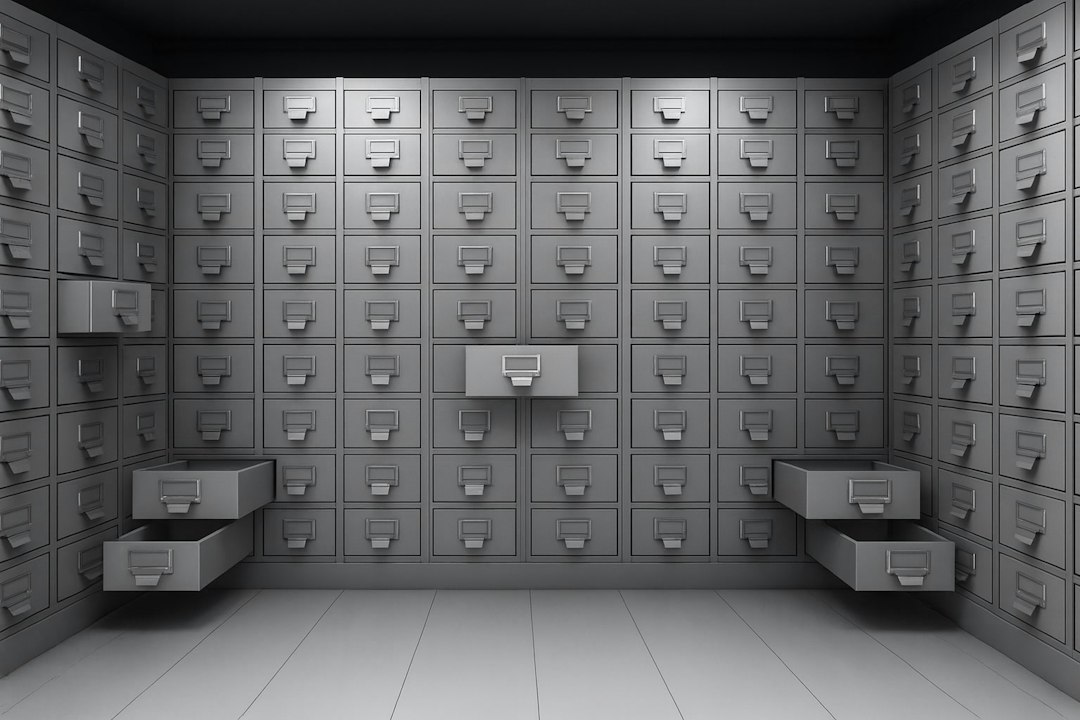 A grey room lined floor to ceiling with numbered metal drawers, a few pulled open, representing confidential records kept under lock