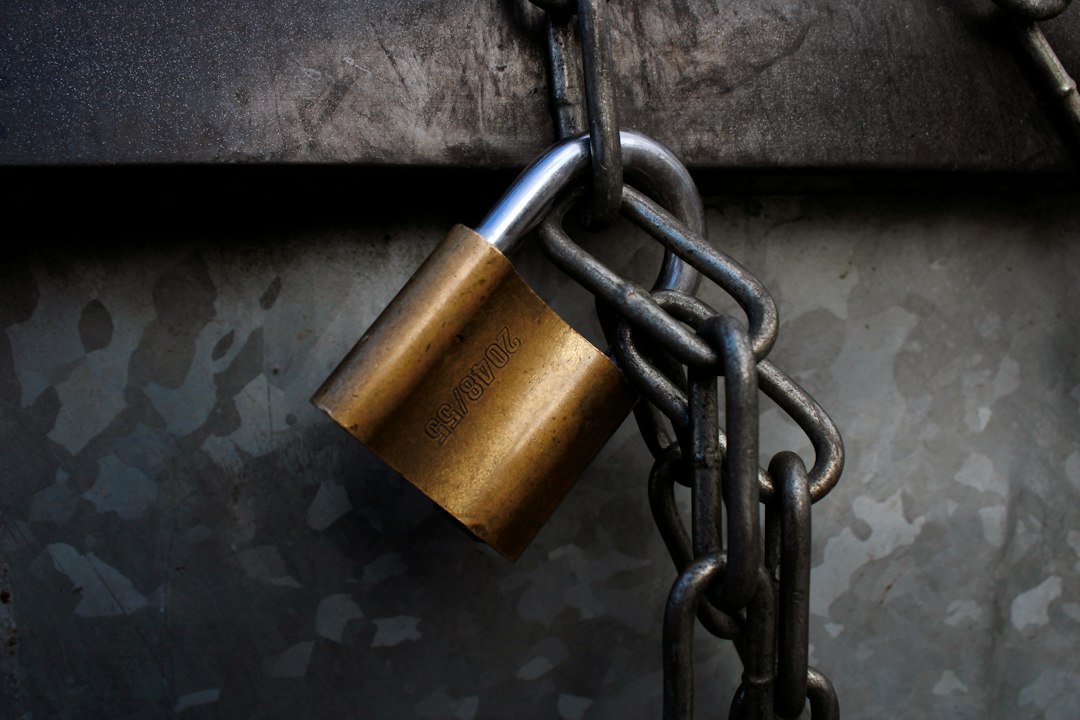 A brass padlock fastened through a heavy chain on a galvanised steel door, a symbol of keeping data and model access under control
