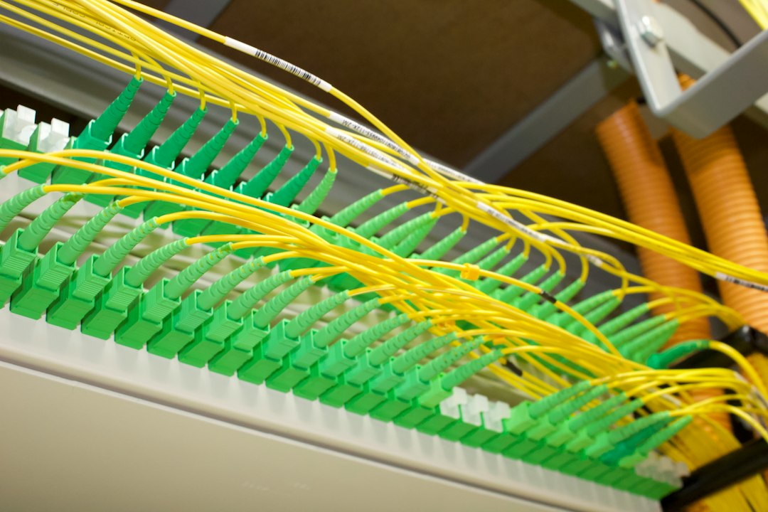 Dozens of yellow fibre-optic cables plugged into green connectors on a patch panel, a picture of many clients sharing one model server