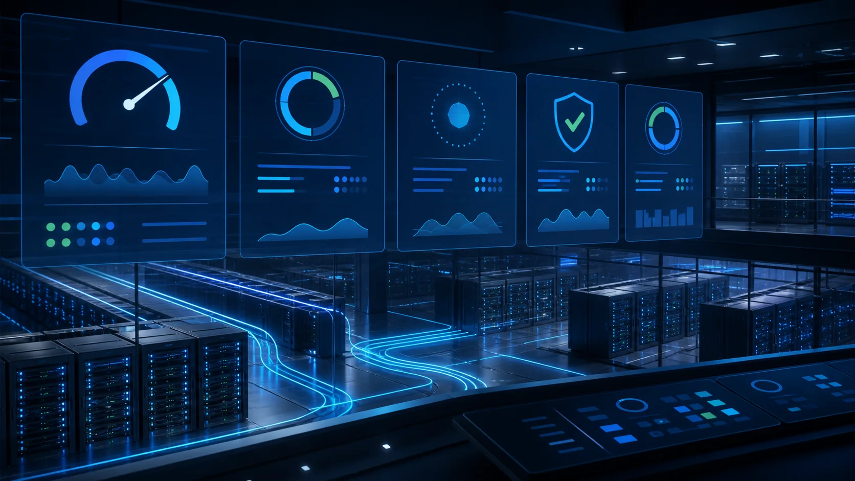 Operations dashboards measuring reliability, quality, policy compliance, and capacity above an on-premises AI data center