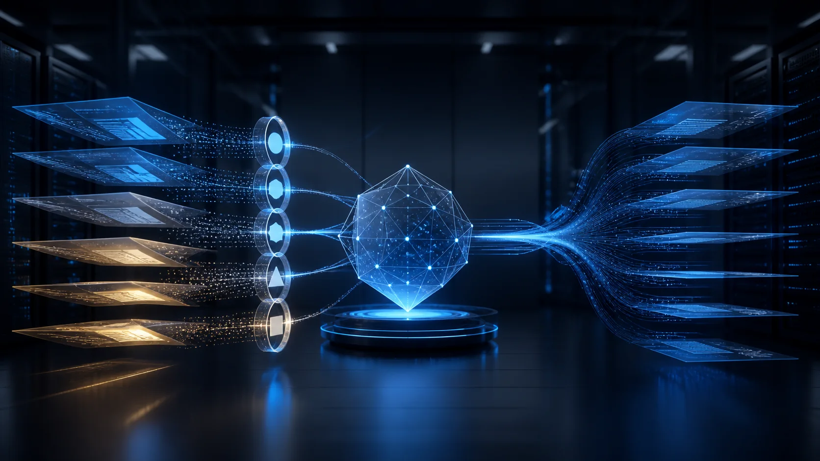 Enterprise documents passing through identity checks into a protected local vector index inside an on-premises data center