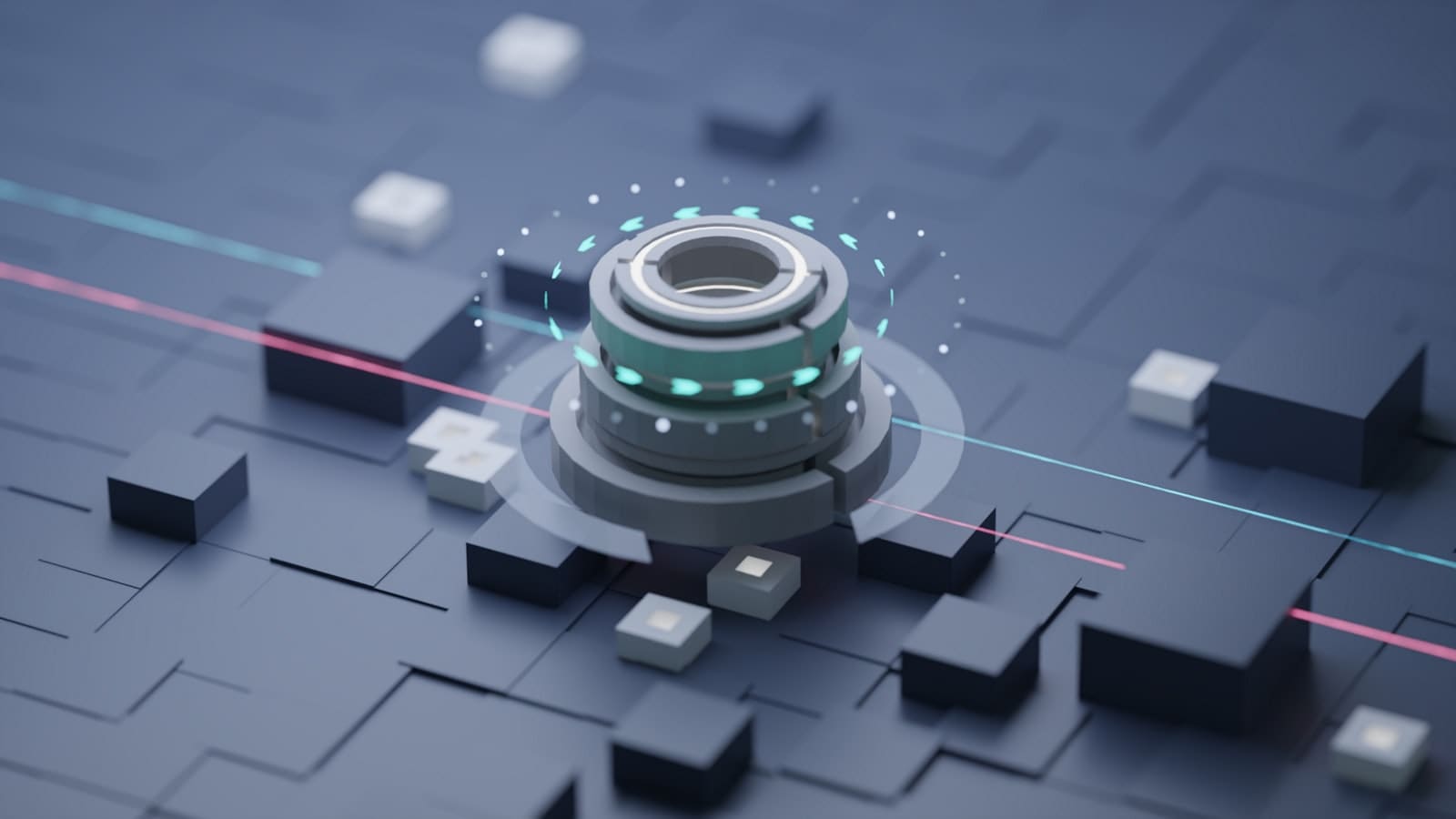 An abstract rendering of a central data hub surrounded by separated grid segments, representing tenant-isolated private RAG architecture on a shared on-premises AI platform