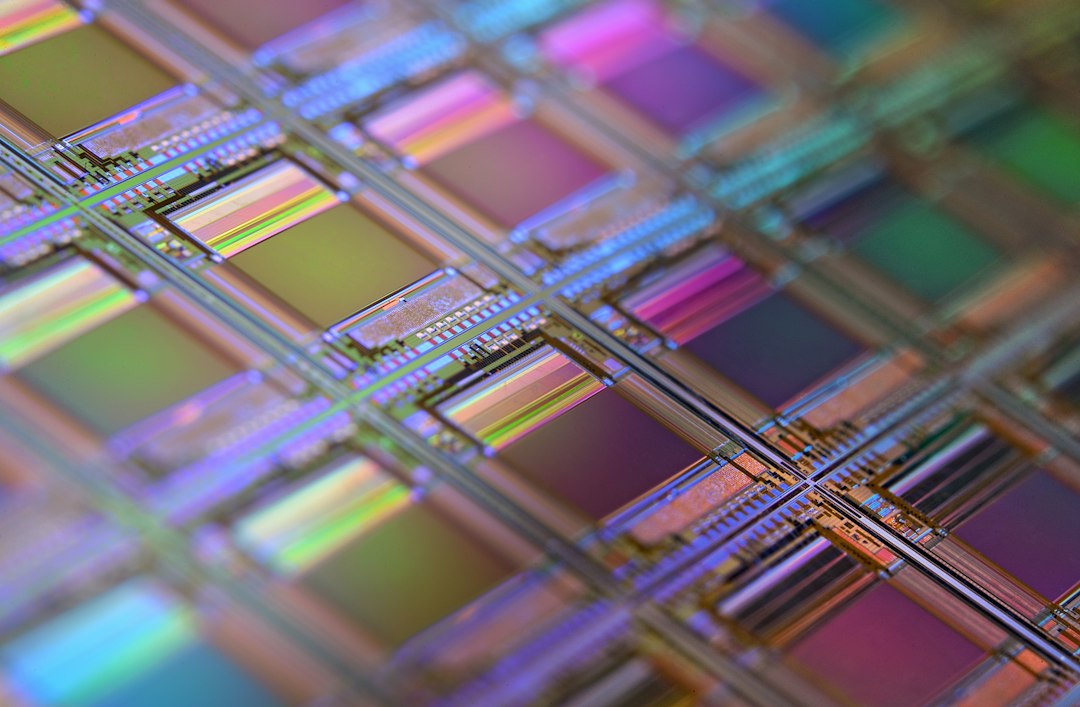 Macro photograph of a silicon wafer covered in iridescent chip dies, representing the new class of laptop and mini-PC chips built for local AI