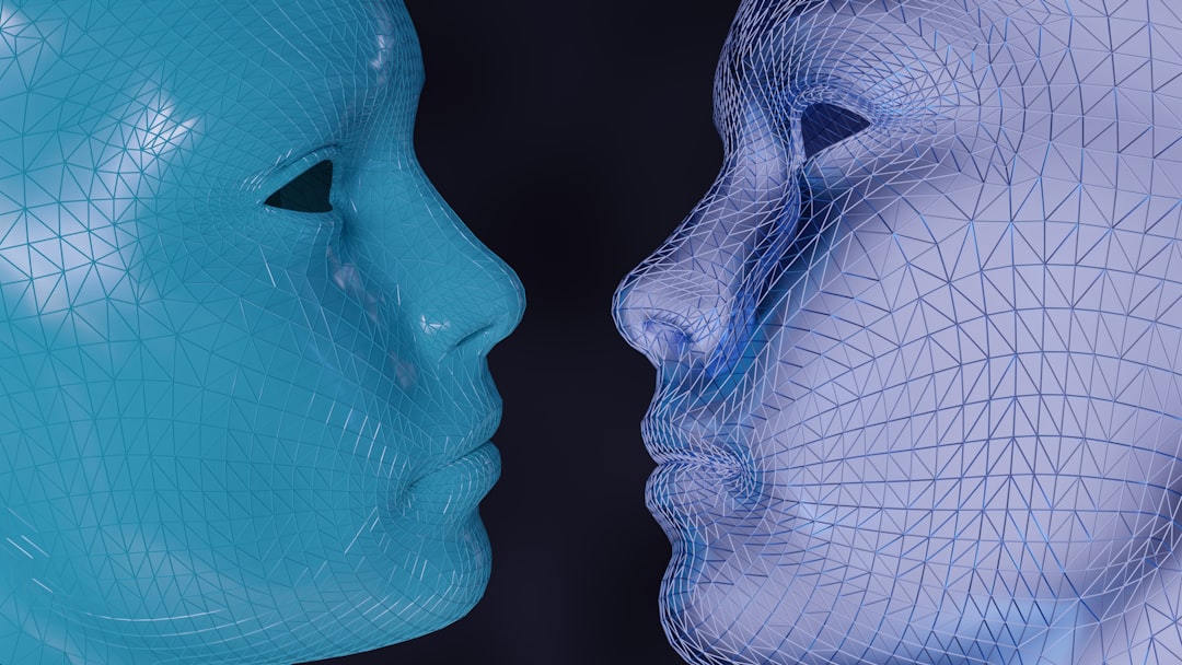 Two wireframe faces facing each other, representing the shift from conversational AI assistants to autonomous AI agent platforms